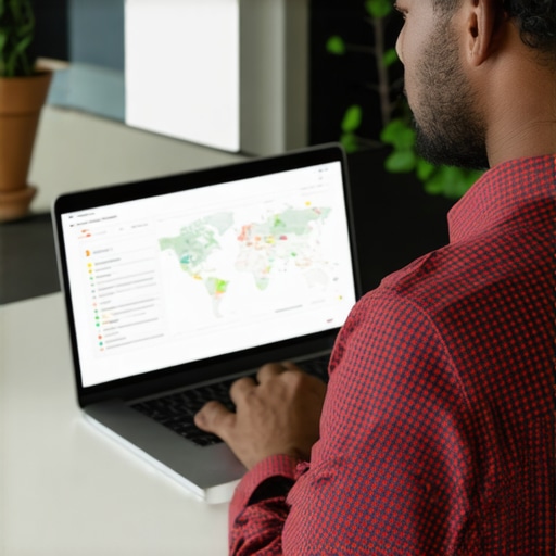 Business owner analyzing local SEO signals and analytics on a laptop in a modern office
