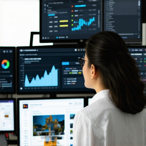 SEO professional reviewing Google My Business signal data on multiple monitors.