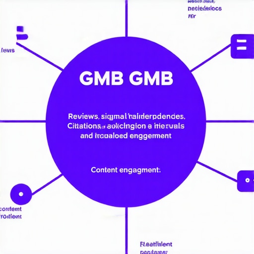Infographic showing how reviews, citations, engagement, and content interact to influence local search rankings.