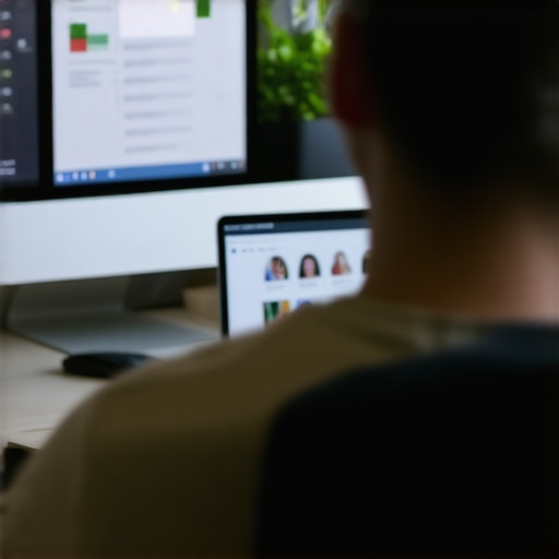 Business owner reviewing GMB profile with SEO tools in office