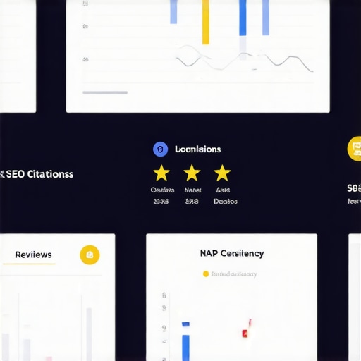 Digital dashboard showing local SEO signals being optimized with icons for reviews, citations, and business info.