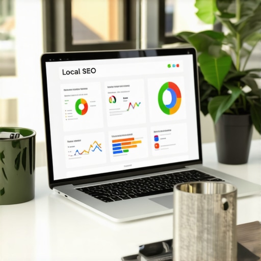 Laptop showing local SEO analytics and Google My Business dashboard in a modern office setting.