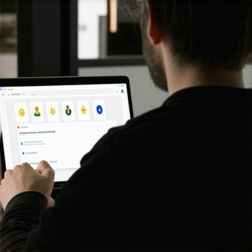 Business owner managing GMB profile on laptop with SEO icons.