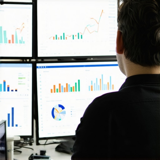 Person analyzing local SEO metrics on multiple screens with charts and graphs.