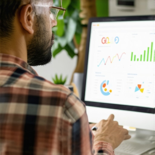 Person managing GMB profile using SEO software and analytics dashboards.