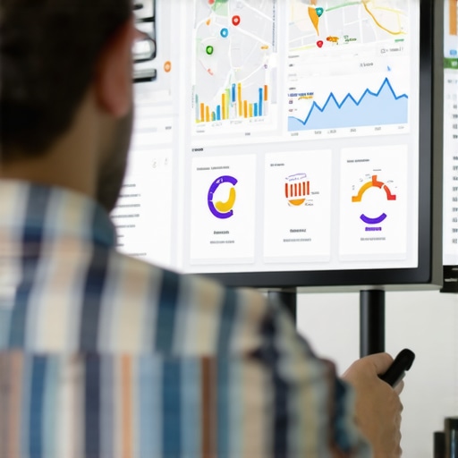 Business owner reviewing SEO analytics for local search rankings.