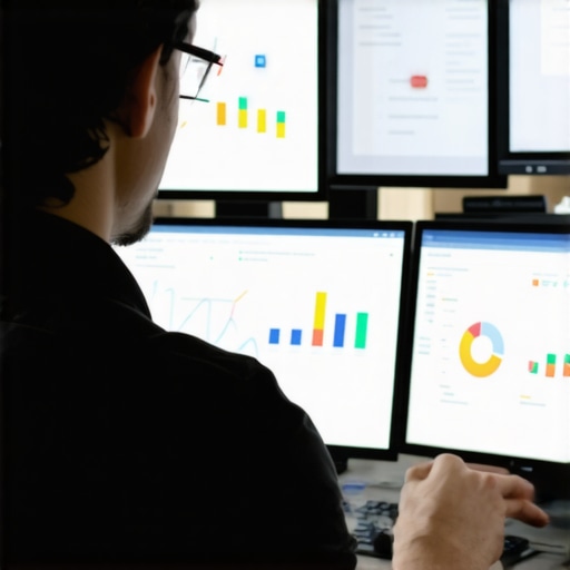 A person analyzing multiple online SEO dashboards on computer screens to maintain GMB signals.