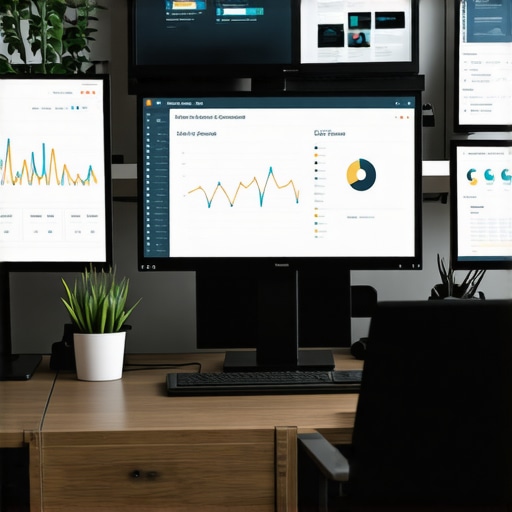 A workspace setup with screens showing local SEO management tools for GMB upkeep.