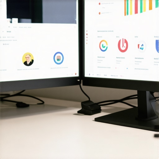 A modern office setup showing screens with SEO and GMB management tools.