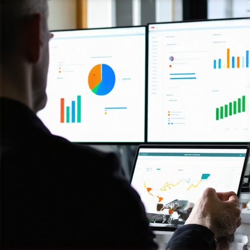 A marketer reviewing SEO analytics on a computer with graphs, maps, and data dashboards.