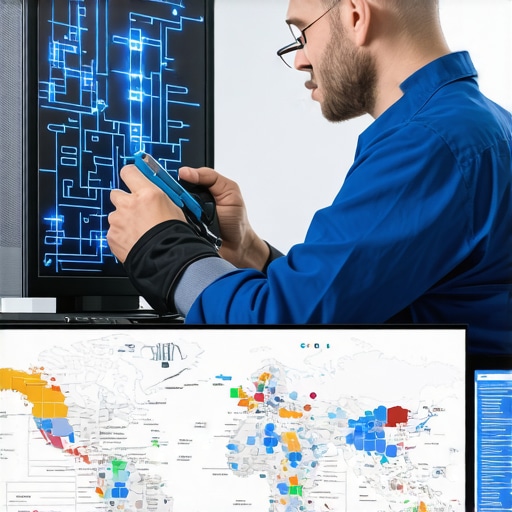 Technician analyzing digital signals on a network map to improve Google My Business rankings.