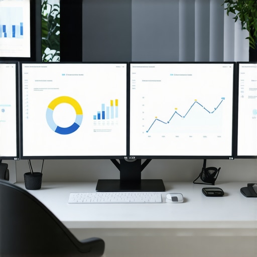 Multiple monitors showing SEO analytics and Google My Business signals.