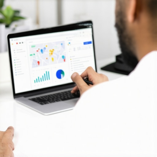 SEO specialist auditing Google My Business profile on laptop with maps and data charts.