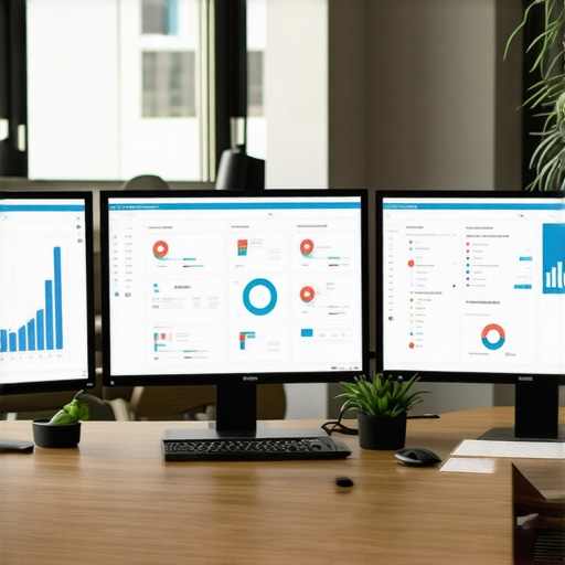 A professional workspace with monitors displaying SEO analytics for local rankings.
