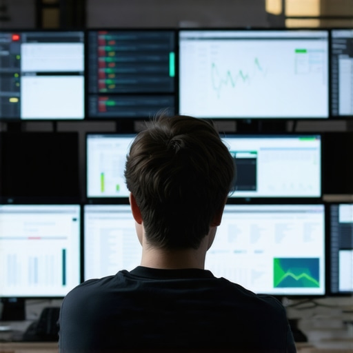 Digital marketer inspecting API data and location signals on multiple monitors.