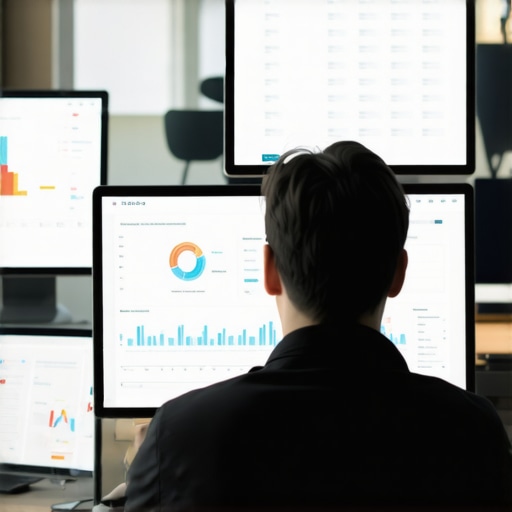A professional analyzing local SEO signals on multiple monitors, illustrating routine maintenance and tools usage.