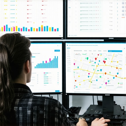 A person reviewing multiple digital screens with maps and data to maintain Google My Business signals.