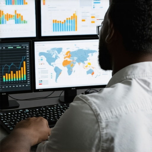 A digital marketer reviewing SEO signal data on dual monitors with maps and analytics charts